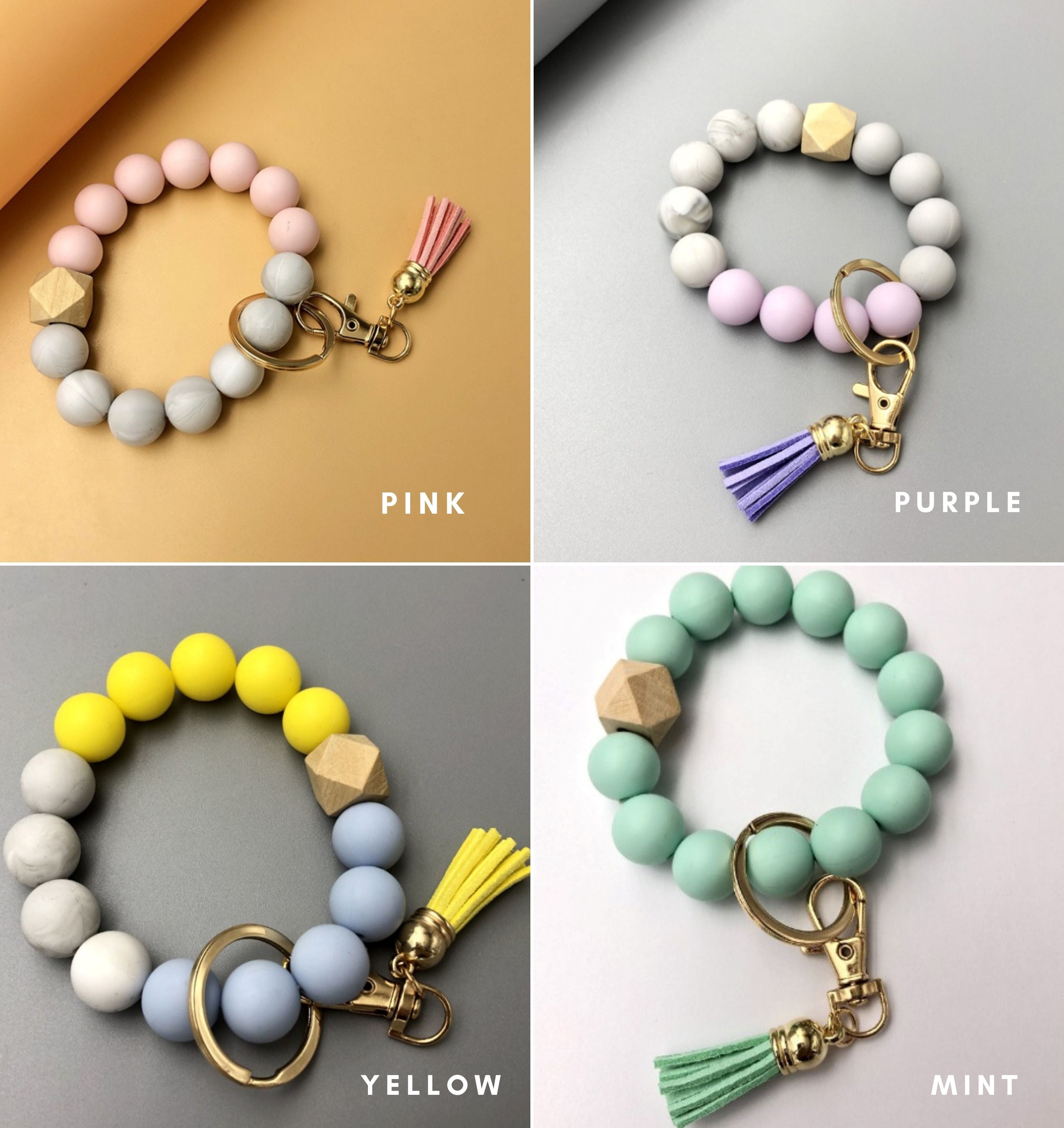 Silicone Beaded Keychain Bracelet | Pastel Color Fashion Beaded Keyring
