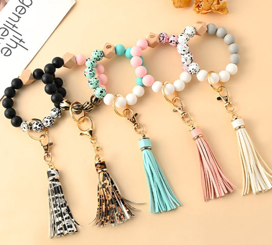 Silicone Beaded Keychain Bracelet | Pastel Color Fashion Beaded Keyring