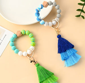 Pastel Color Beaded Keychain Bracelet | Beaded Bracelet Tassel Keyring