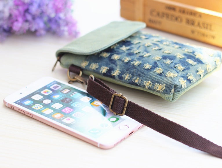 Cute Denim Crossbody Phone Purse / Trendy Shoulder Mobile Pouch / Cellphone Bag